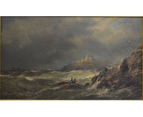 Edwin Hayes (1819-1904) - Mumbles Lighthouse, Swansea, oil on canvas, signed lower left, 29 x 49 cm, inscribed to reverse can