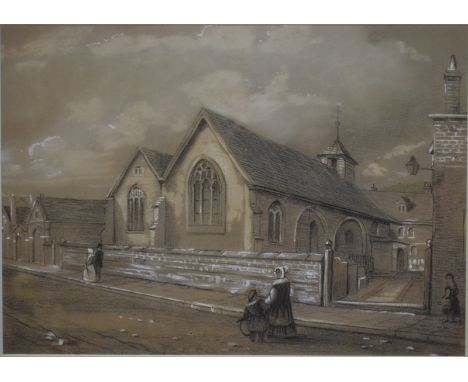Manner of Prosser - St Thomas St, Winchester, crayon with body colour, 21 x 29 cm; English School - View of Winchester, water