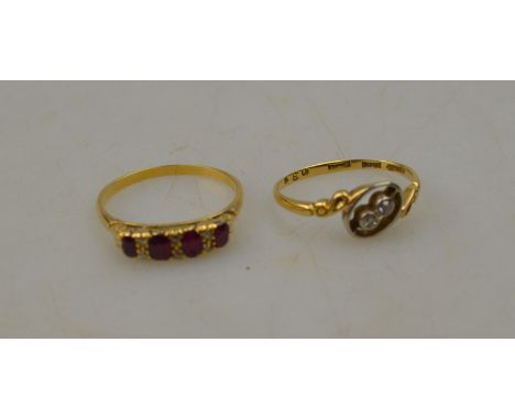 A ruby and diamond ring set with four rubies and six old cut diamonds, yellow gold carved setting to/w two stone diamond cros