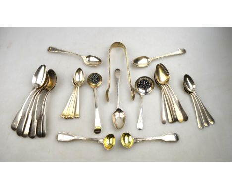 A quantity of Georgian and later silver flatware including teaspoons, sifter ladle and a pair of Albany pattern sugar gongs, 