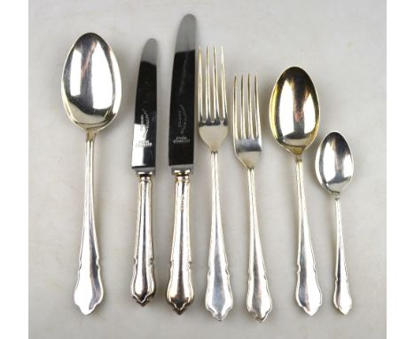 A set of Dubarry silver flatware and cutlery, comprising six each table forks, dessert forks and spoons and soup spoons, to/w