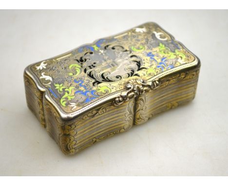 A 19th century French parcel gilt and enamelled .950 grade snuff box, maker G J, the top engraved with a lake landscape withi