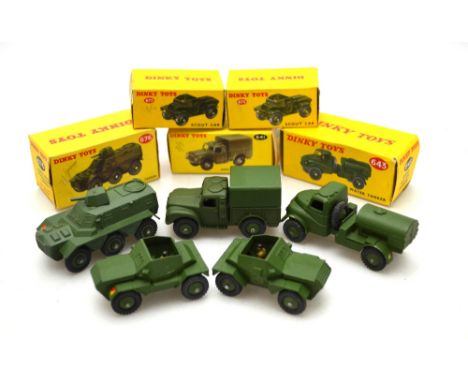 Dinky models - Five boxed Army Vehicles - Water Tanker 643, 1-Ton Cargo Truck 641, Armoured Personnel Carrier 676 and two Sco