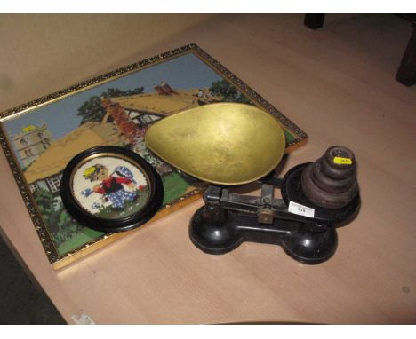 Pr of vintage scales with weights and 2 needle work pictures