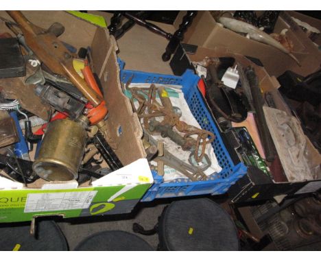 3 boxes of vintage tools and brass blow lamp