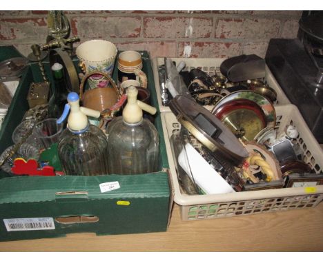 3 boxes inc opra glasses brass ware , vintage soda siphons etc
