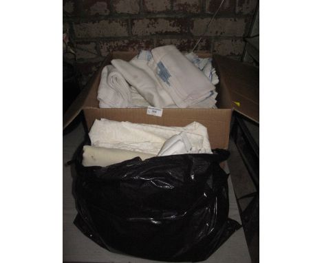 Box and bag of vintage linen