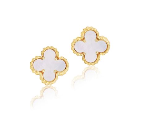 A PAIR OF MOTHER-OF-PEARL 'SWEET ALHAMBRA' EARSTUDS, BY VAN CLEEF &amp; ARPELS  Each quatrefoil mother-of-pearl plaque within