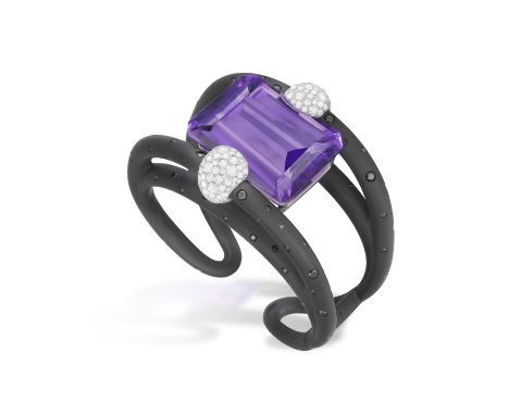 A CONTEMPORARY AMETHYST AND DIAMOND BANGLE, BY MICHELE DELLA VALLE   Set with a large rectangular-cut amethyst measuring appr