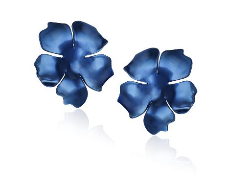 A PAIR OF TITANIUM EARCLIPS, BY MARGHERITA BURGENER  Each designed as a blue titanium flowerhead, mounted in 18K rose gold an