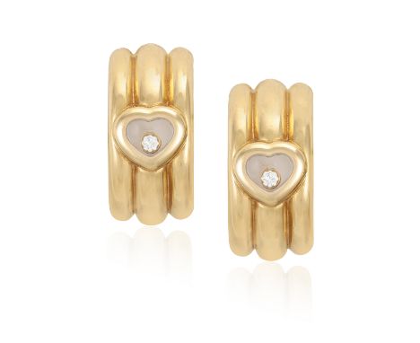 A PAIR OF 'HAPPY DIAMONDS' EARRINGS, BY CHOPARD  Each reeded hoop accented with a central heart-shaped glazed compartment con