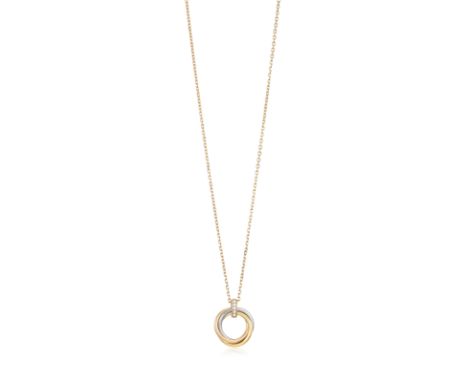 A DIAMOND TRINITY PENDANT ON CHAIN, BY CARTIER  Composed of three interlocking tri-coloured gold hoops connected with a brill