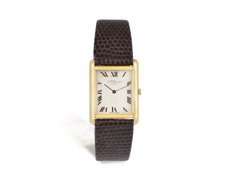 AN 18K GOLD BRACELET WATCH, BY CHOPARD  17-jewels, manual wind, rectangular cream dial with black Roman numerals, black sword