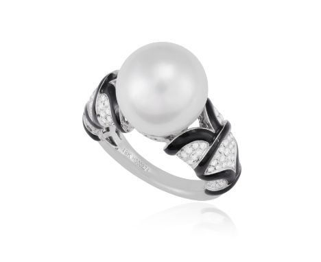 A CULTURED PEARL, ENAMEL AND DIAMOND DRESS RING  Centring a cultured pearl of white tint measuring approximately 13.48mm, the