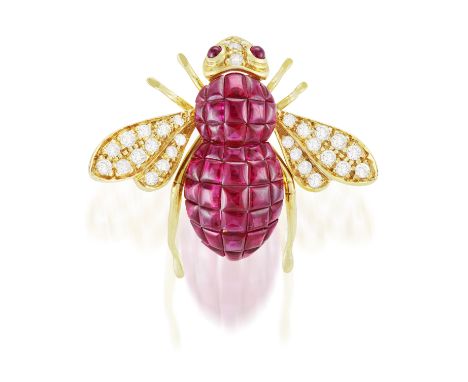 A RUBY AND DIAMOND NOVELTY BROOCH, BY SABBADINI Designed as a stylised bee, the body set with buffed-top rubies, the head wit