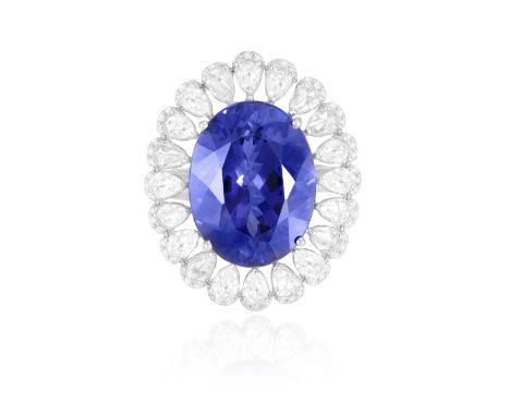 A FINE TANZANITE AND DIAMOND DRESS RING  The oval-shaped tanzanite weighing approximately 16.00cts, within a four-claw settin