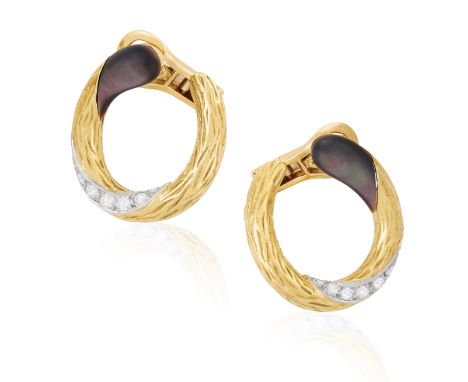 A PAIR OF DIAMOND AND MOTHER-OF-PEARL DIAMOND EARRINGS, BY MAUBOUSSIN, CIRCA 1970  Each textured gold hoop highlighted with b