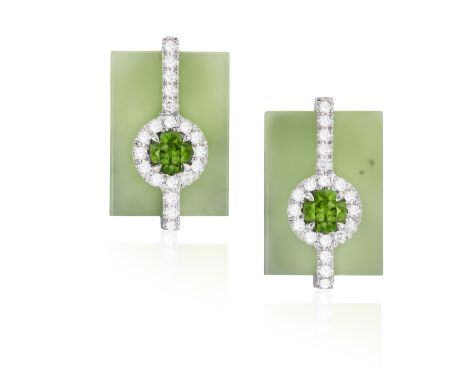 A PAIR OF JADE, CHROME DIOPSIDE AND DIAMOND EARRINGS, BY MARGHERITA BURGENER  Each rectangular polished jade plaque, set at t