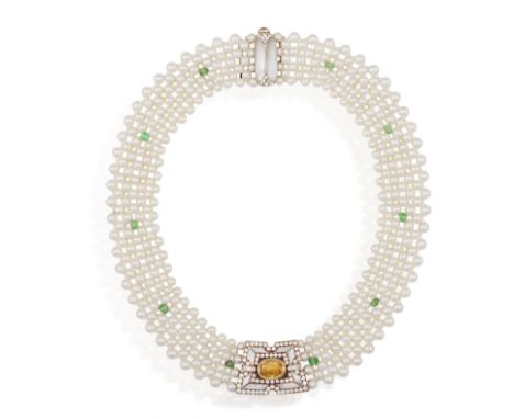 A GEM-SET AND CULTURED PEARL CHOKER NECKLACE  The tapered openwork plaque centring an oval-shaped yellowish-orange sapphire, 