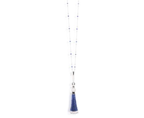 A SAPPHIRE, CULTURED PEARL, ONYX AND DIAMOND SAUTOIR NECKLACE   Designed as a detachable sapphire bead tassel with cultured p