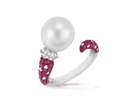 A CULTURED PEARL, RUBY AND DIAMOND DRESS RING  The round-shaped cultured pearl of white tint measuring approximately 10.75mm,