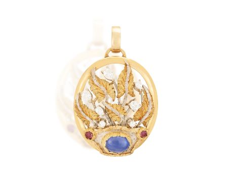 A GEM-SET 'GIARDINETTO' PENDANT  Of openwork foliate design, set with an oval-shaped sapphire between two circular-cut ruby c