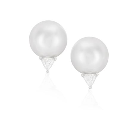 A PAIR OF CULTURED PEARL AND DIAMOND EARRINGS  Each round-shaped cultured pearl of white tint measuring approximately 12.55mm