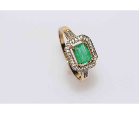 Emerald and diamond Art Deco style ring set in 9 carat gold, size Z.