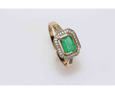 Emerald and diamond Art Deco style ring set in 9 carat gold, size Z.