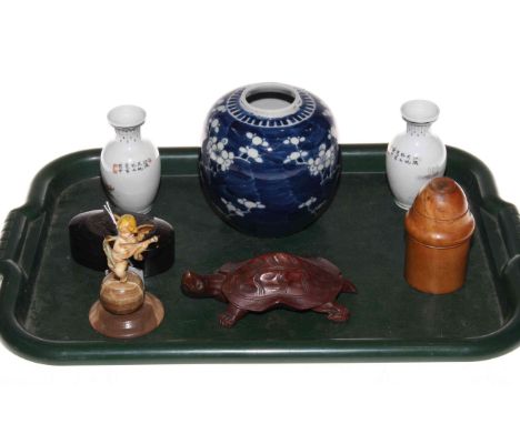 Tortoiseshell snuff box, treen box, carved tortoise, ginger jar, pair of vases and putti.