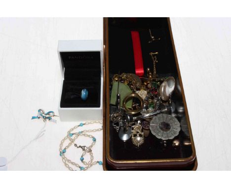 Seed pearl and turquoise necklace, enamel brooch, two boxes of Pandora and other jewellery.