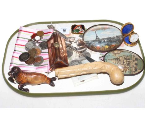 Assorted coins, stoneware flintlock pistol, walrus, cutlery, Asprey clock, etc.