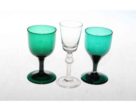 Pair late Georgian green glass wines and 19th Century wine with folded foot.