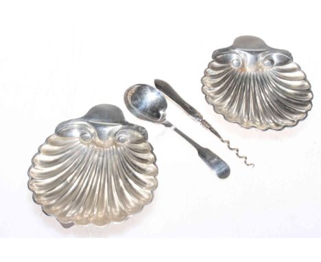 Pair of silver shell dishes 3.67oz, silver handled corkscrew 1911, silver caddy spoon 1834 by J. Hayne.