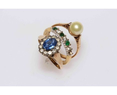 18 carat gold, emerald and diamond ring, 9 carat gold pearl ring and sapphire ring (3).