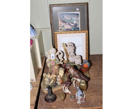 Various bird ornaments including Goebel, two bird prints, etc.