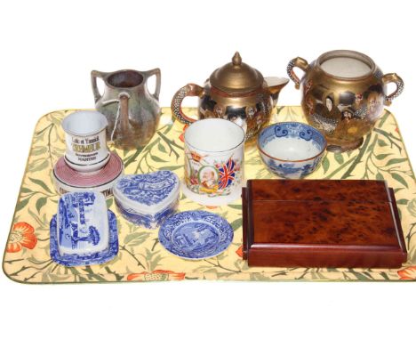 Satsuma jug and sugar, walnut playing card holder, French match holder, blue and white and other pottery.