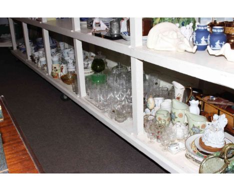 Full shelf of glass, china including blue and white, pair of Staffordshire dogs, etc.