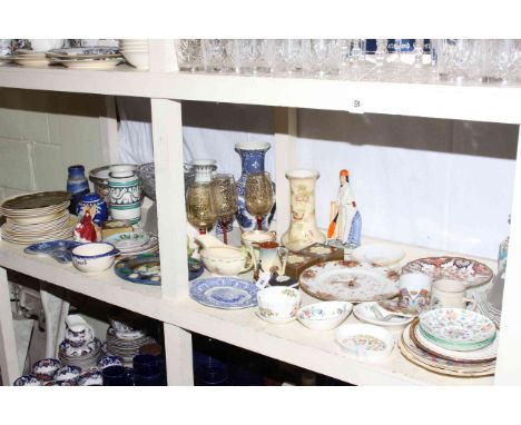 Collection of various china including Oriental ware, crystal glass pedestal dish, pair of light shades.