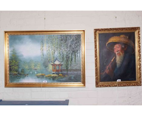 Two Oriental gilt framed oils and ceramic topped hardwood plant stand (3).