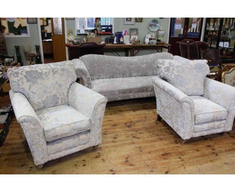 Three piece lounge suite comprising three seater settee in button back fabric and pair Alstons armchairs.