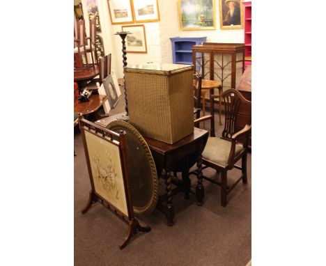 Oak rush seated elbow chair, mahogany elbow chair, oak barley twist gate leg dining table, Lloyd Loom linen bin, twist column