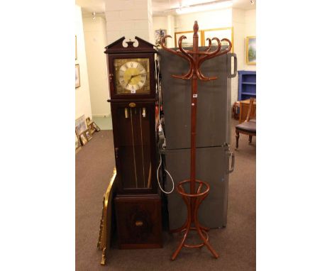 Modern mahogany triple weight longcase clock and bentwood hat and coat stand (2).