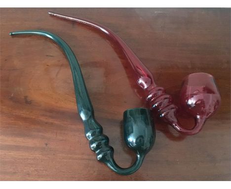 One green Nailsea glass pipe and one pink 42 cms