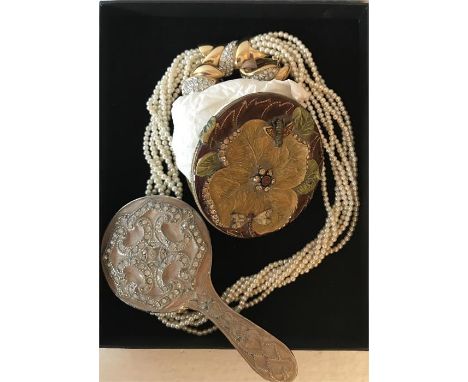 Necklace, earrings and two enamel mirrors 