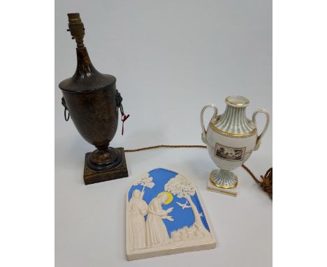 An Italian religeous wall plaque, Italian Pittoria Richard Ginori two handle urn vase and regency style table lamp. 