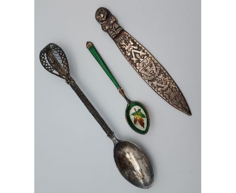 830 silver filigree spoon, Charles Horner Sterling silver and enamel spoon and 900 grade silver tribal letter opener. 