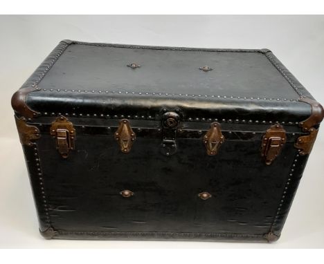 A 19TH CENTURY ship/ train heavy duty steamer trunk. Wood, leather and metal construction. [61x92x56cm]