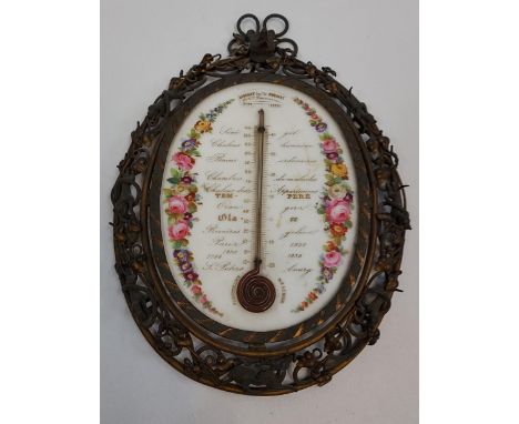 A Rare 19th century Louchet Sue. de Housset Paris hand painted thermometer, Fitted within a hunting scene metal frame, showin