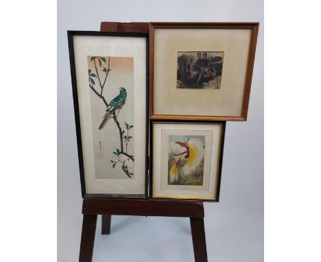 A Japanese block print depicting a perched bird, Antique coloured print of a bird and original art work depicting a house. 